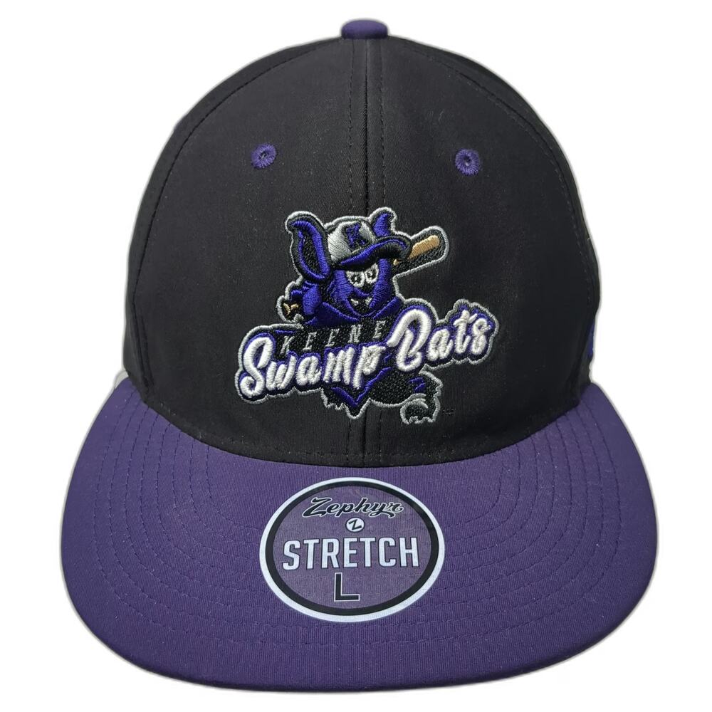 Zephyr Baseball Cap Black Purple L Keene Swamp Bats NECBL Stretch Fit Mascot Hat